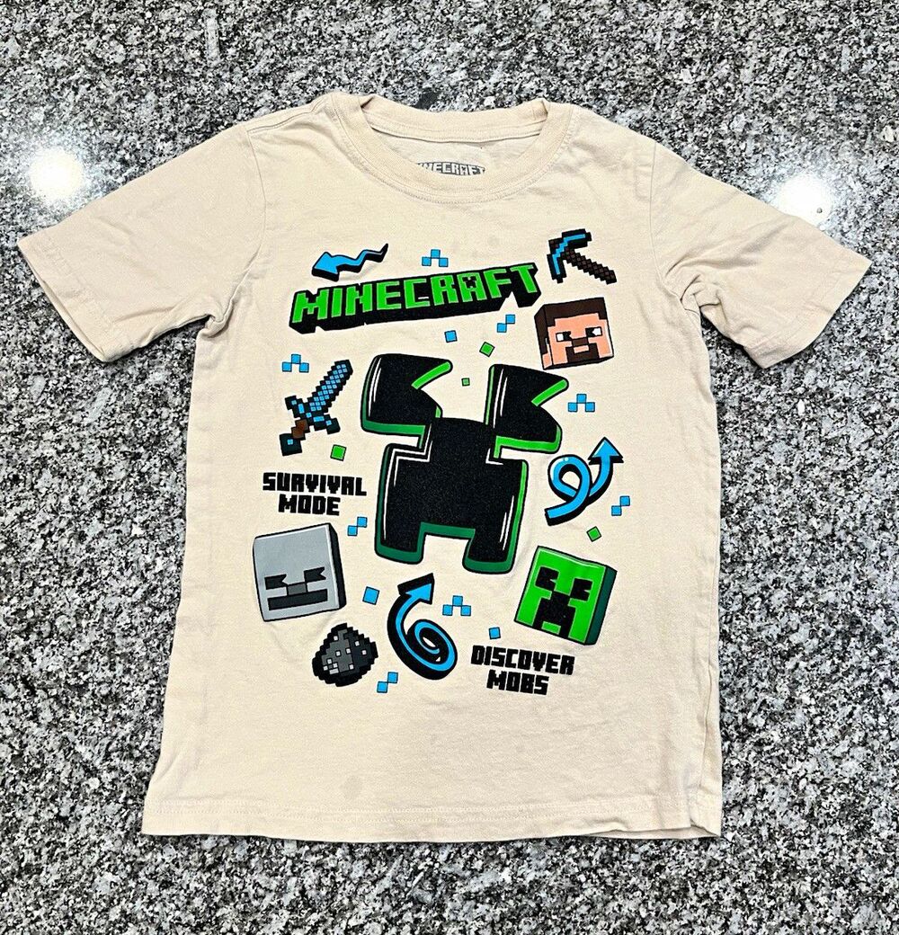 Minecraft Boys Youth S Beige Graphic Print Tee Tagless Cotton Crew Neck 0027